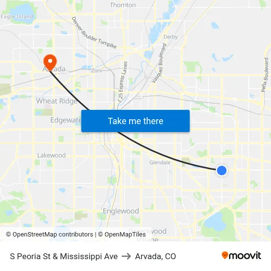 S Peoria St & Mississippi Ave to Arvada, CO map