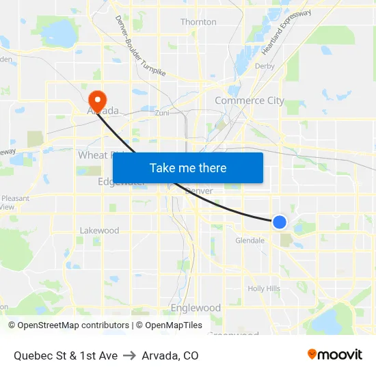 Quebec St & 1st Ave to Arvada, CO map