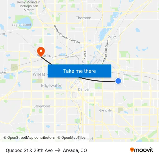 Quebec St & 29th Ave to Arvada, CO map