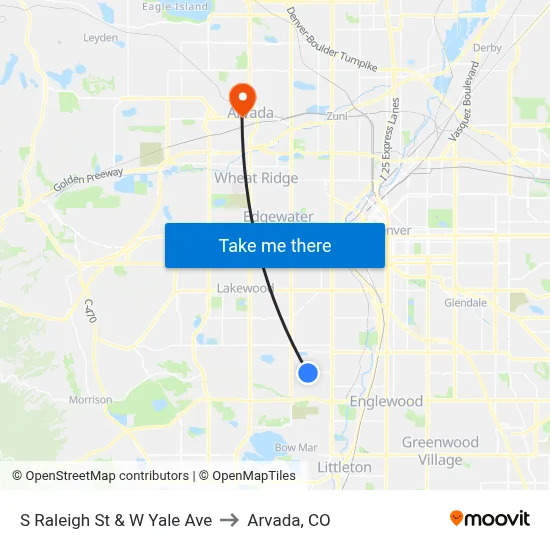 S Raleigh St & W Yale Ave to Arvada, CO map