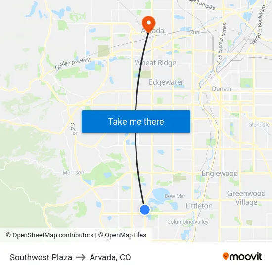 Southwest Plaza to Arvada, CO map
