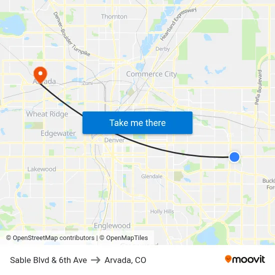 Sable Blvd & 6th Ave to Arvada, CO map