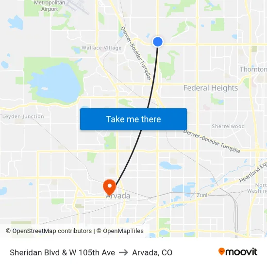 Sheridan Blvd & W 105th Ave to Arvada, CO map