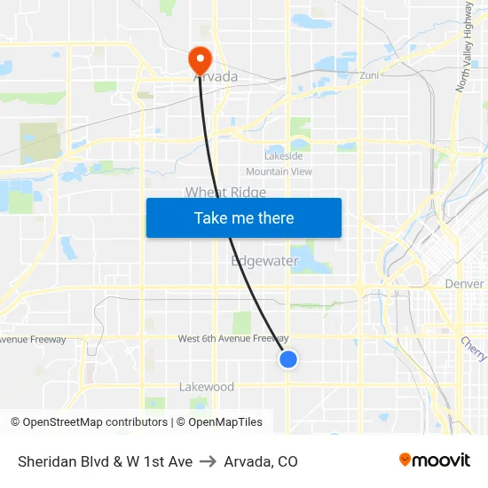 Sheridan Blvd & W 1st Ave to Arvada, CO map