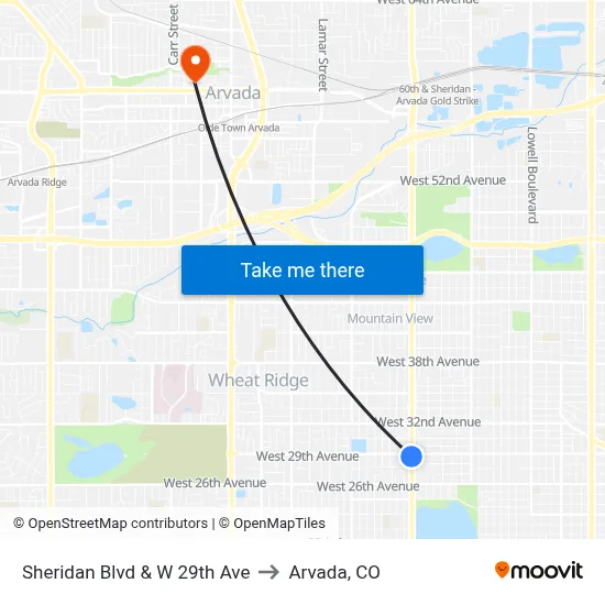 Sheridan Blvd & W 29th Ave to Arvada, CO map