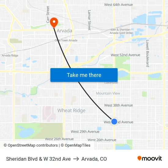 Sheridan Blvd & W 32nd Ave to Arvada, CO map