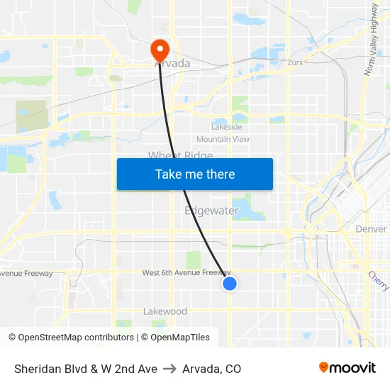 Sheridan Blvd & W 2nd Ave to Arvada, CO map