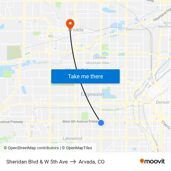Sheridan Blvd & W 5th Ave to Arvada, CO map