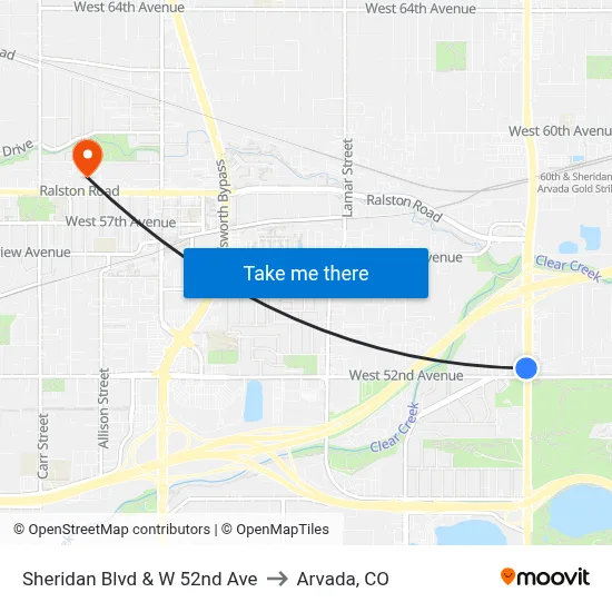 Sheridan Blvd & W 52nd Ave to Arvada, CO map