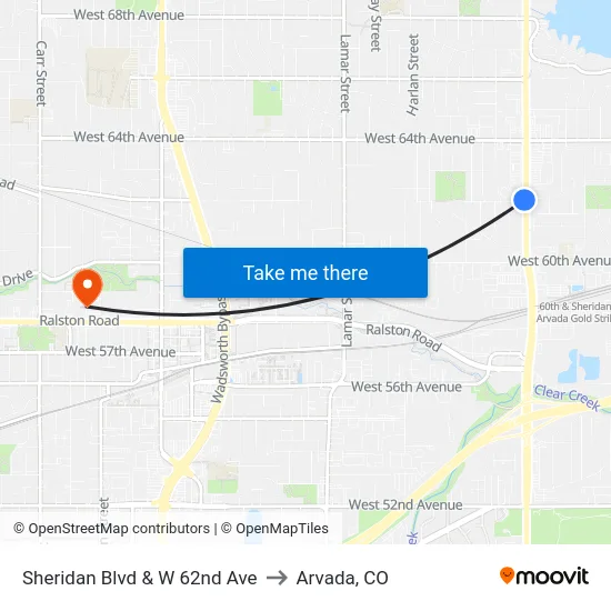 Sheridan Blvd & W 62nd Ave to Arvada, CO map