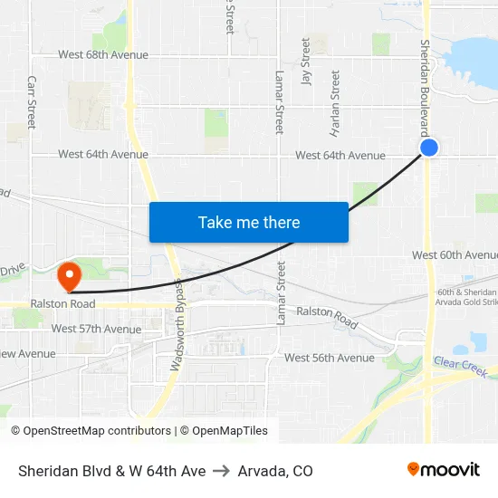 Sheridan Blvd & W 64th Ave to Arvada, CO map