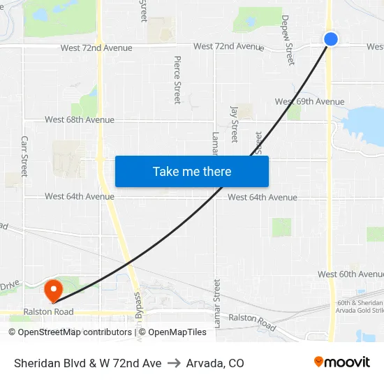 Sheridan Blvd & W 72nd Ave to Arvada, CO map