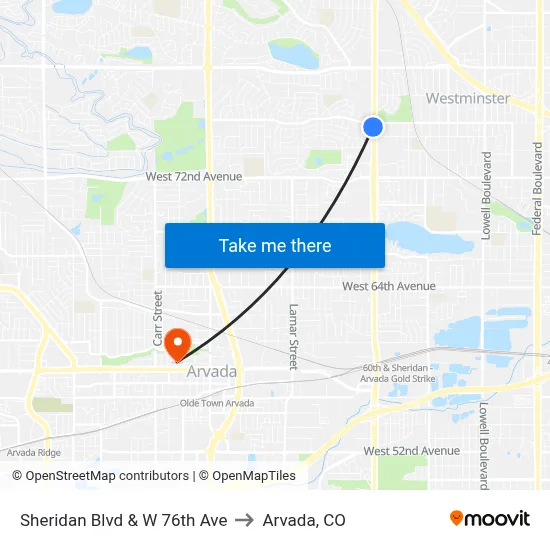 Sheridan Blvd & W 76th Ave to Arvada, CO map