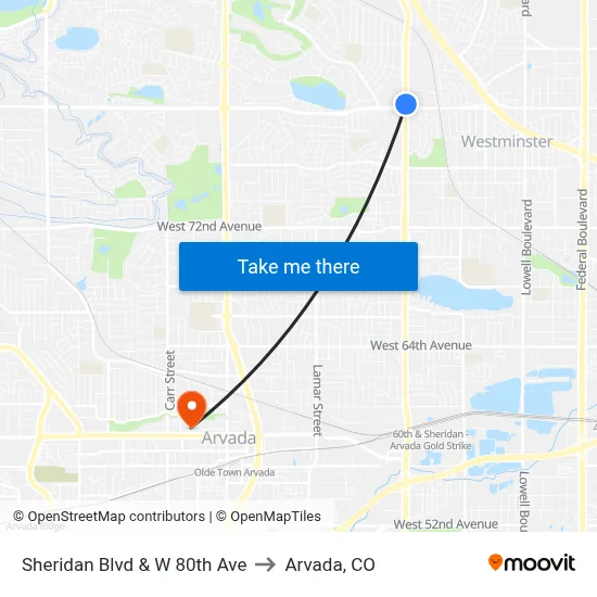 Sheridan Blvd & W 80th Ave to Arvada, CO map
