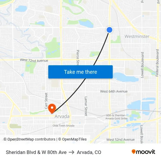 Sheridan Blvd & W 80th Ave to Arvada, CO map
