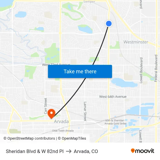 Sheridan Blvd & W 82nd Pl to Arvada, CO map