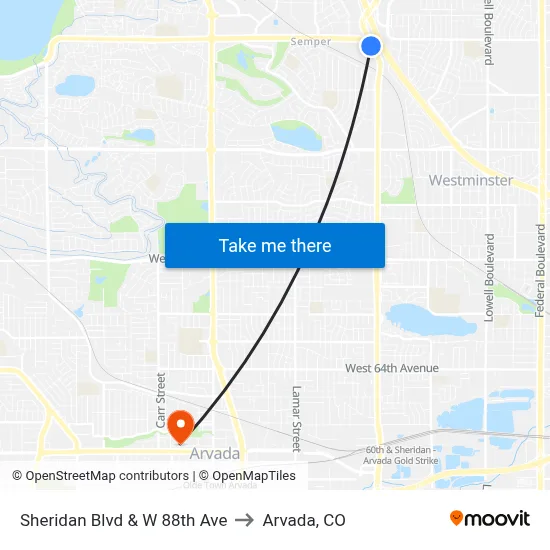 Sheridan Blvd & W 88th Ave to Arvada, CO map