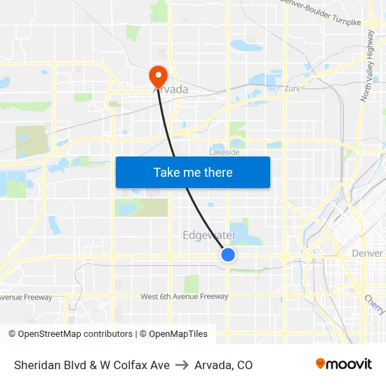 Sheridan Blvd & W Colfax Ave to Arvada, CO map