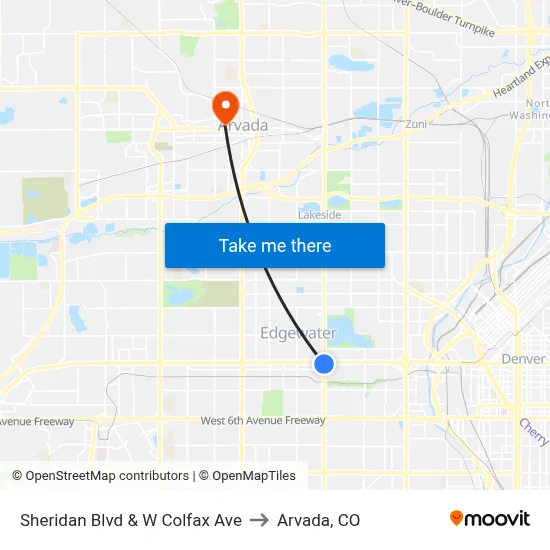 Sheridan Blvd & W Colfax Ave to Arvada, CO map
