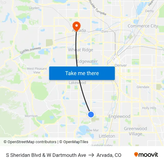 S Sheridan Blvd & W Dartmouth Ave to Arvada, CO map