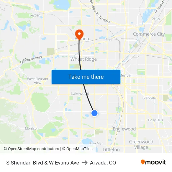 S Sheridan Blvd & W Evans Ave to Arvada, CO map