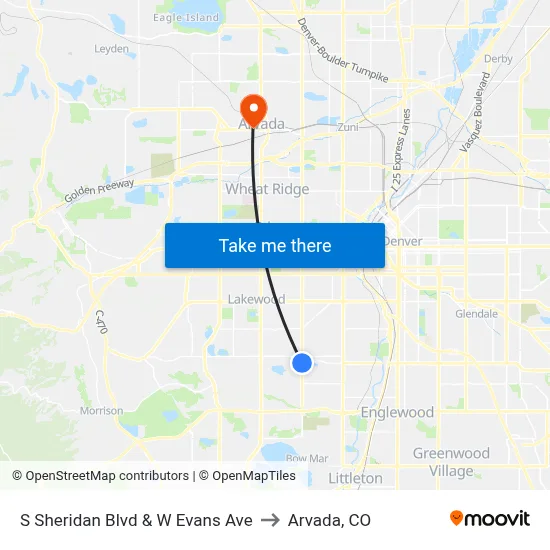 S Sheridan Blvd & W Evans Ave to Arvada, CO map