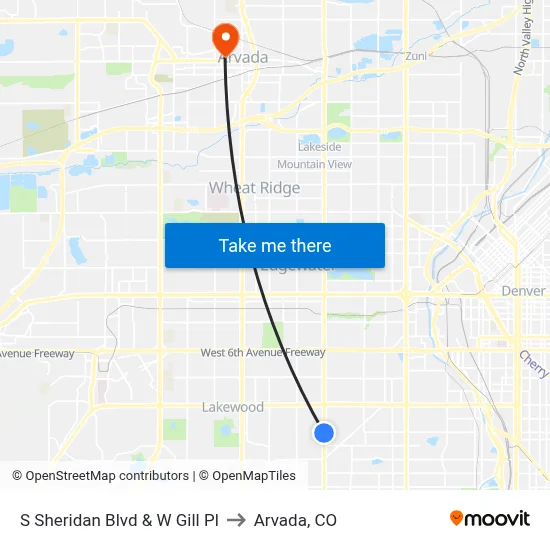 S Sheridan Blvd & W Gill Pl to Arvada, CO map