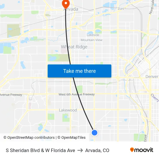 S Sheridan Blvd & W Florida Ave to Arvada, CO map