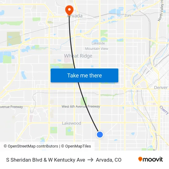 S Sheridan Blvd & W Kentucky Ave to Arvada, CO map