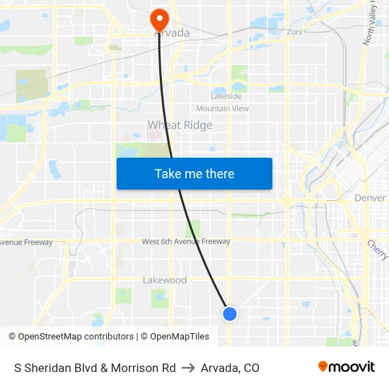 S Sheridan Blvd & Morrison Rd to Arvada, CO map