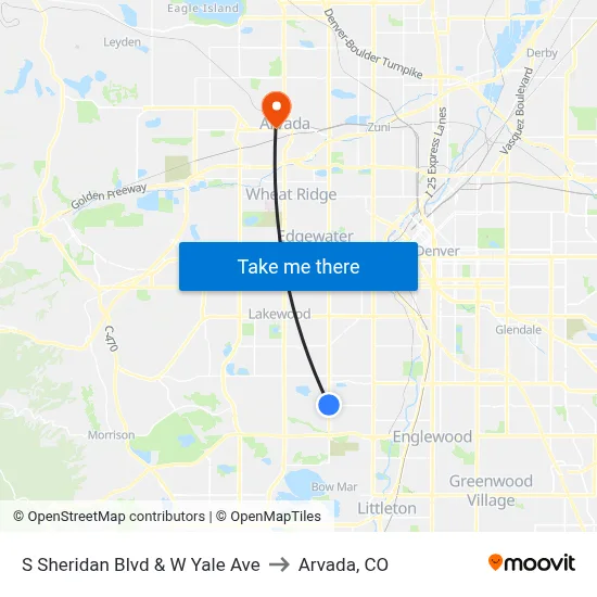 S Sheridan Blvd & W Yale Ave to Arvada, CO map