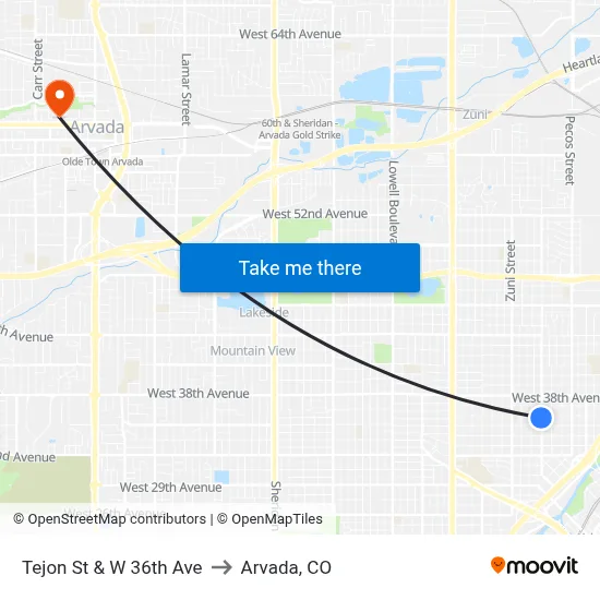 Tejon St & W 36th Ave to Arvada, CO map