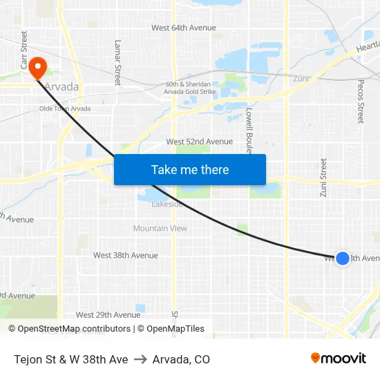 Tejon St & W 38th Ave to Arvada, CO map