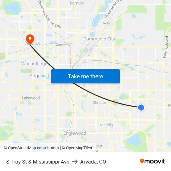 S Troy St & Mississippi Ave to Arvada, CO map