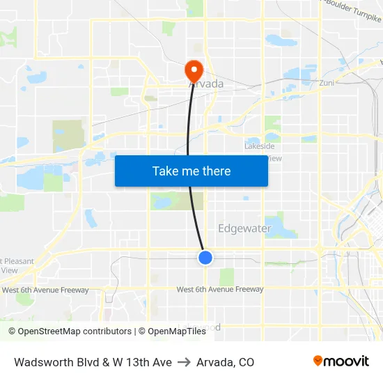 Wadsworth Blvd & W 13th Ave to Arvada, CO map