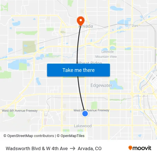Wadsworth Blvd & W 4th Ave to Arvada, CO map