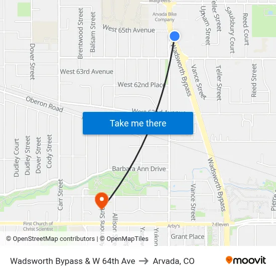 Wadsworth Bypass & W 64th Ave to Arvada, CO map