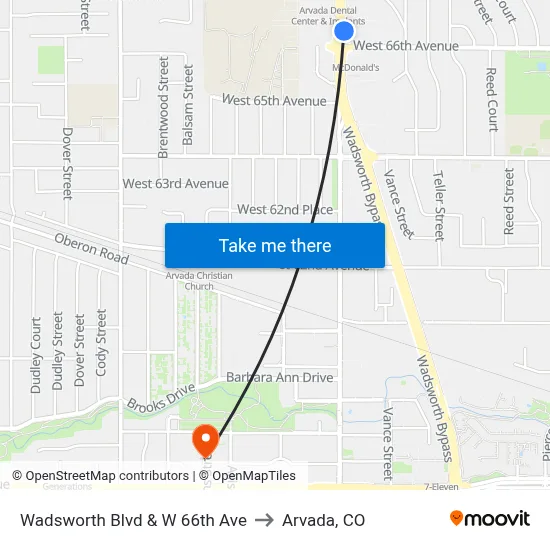 Wadsworth Blvd & W 66th Ave to Arvada, CO map