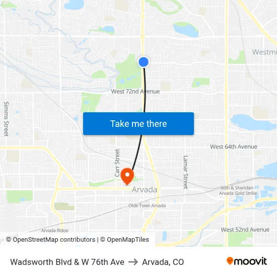 Wadsworth Blvd & W 76th Ave to Arvada, CO map