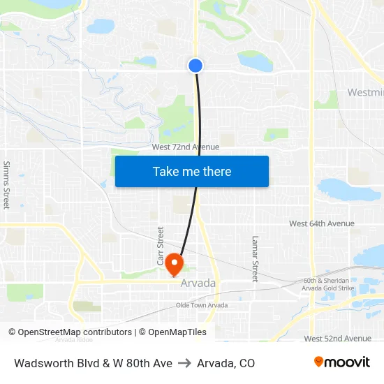 Wadsworth Blvd & W 80th Ave to Arvada, CO map