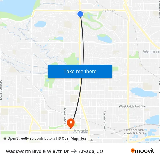 Wadsworth Blvd & W 87th Dr to Arvada, CO map