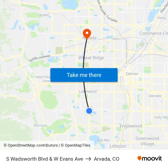 S Wadsworth Blvd & W Evans Ave to Arvada, CO map
