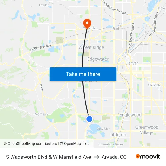 S Wadsworth Blvd & W Mansfield Ave to Arvada, CO map
