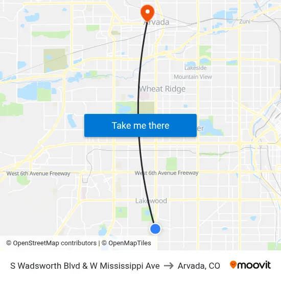 S Wadsworth Blvd & W Mississippi Ave to Arvada, CO map
