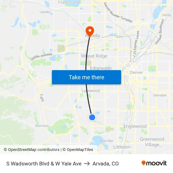 S Wadsworth Blvd & W Yale Ave to Arvada, CO map