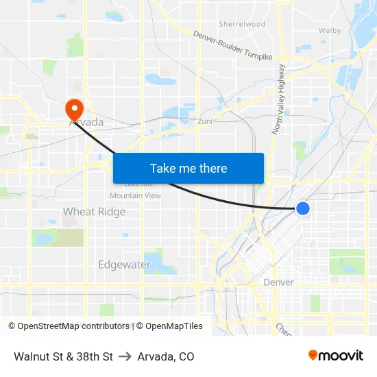 Walnut St & 38th St to Arvada, CO map