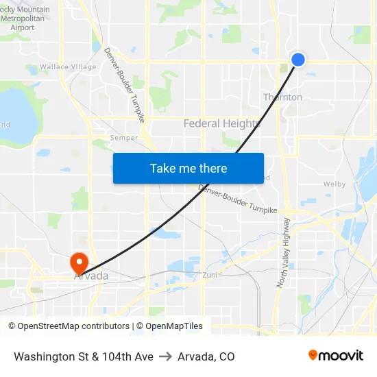 Washington St & 104th Ave to Arvada, CO map