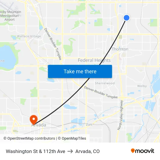 Washington St & 112th Ave to Arvada, CO map