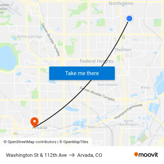 Washington St & 112th Ave to Arvada, CO map