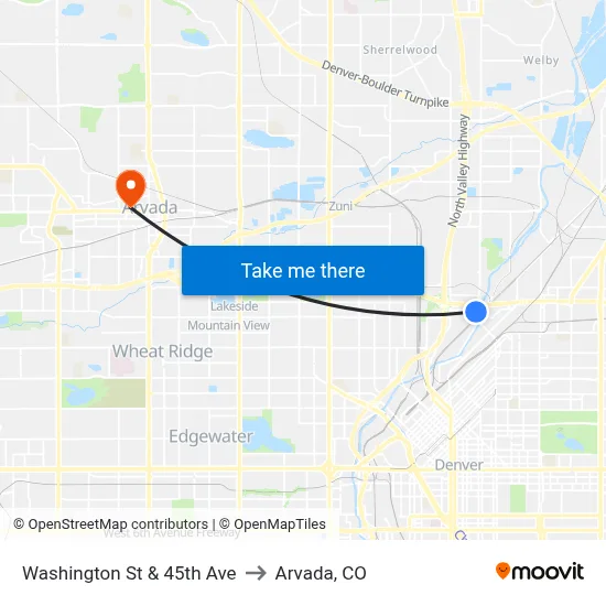 Washington St & 45th Ave to Arvada, CO map